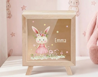 Hucha personalizada de conejito, caja de madera con diseño floral y nombre personalizado, decoración para habitación infantil, regalo de cumpleaños para niñas, regalo para baby shower.