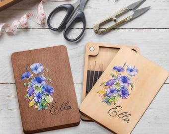 Personalised Birthday Flower Wooden Needle Case with Magnets Needlework Needle Case Mini Wooden Needle Case Sewing Supplies Holder