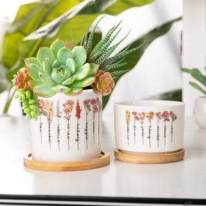 May include: Two white ceramic succulent pots with a wooden base. The larger pot has a variety of succulents planted in it. Both pots feature a floral design with the names of the flowers printed on the side.