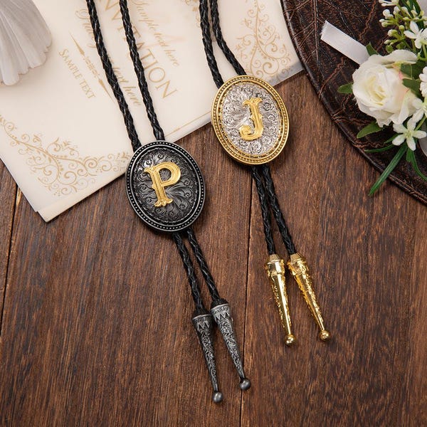 Southwestern Initial Bolo Tie，Personalized Gifts for Him Leather Cowboy Necktie Letter Name Accessories  Mens Necklace Leather Cord Woven
