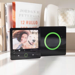 May include: Black digital photo frame with a picture of a person and a dog. The frame has a green circle on the right side and music player controls on the bottom.