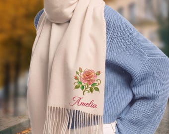 Personalized Multicolor Birth Flower Scarf Shawl with Name Warm Tassel Wrap Winter Accessory Birthday Christmas Gift for Women Mom Grandma