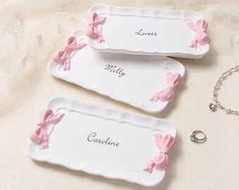 Personalisierte Name Kokette Bogen Schmuckschale Keramik Ring Schale Trinket Tablett Wohnkultur Geburtstag / Muttertag / Hochzeitsgeschenk für Sie / Brautjungfer