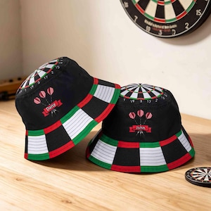 Sombrero tipo cubo personalizado con diseño de diana, nombre personalizado, unisex, para el sol, diseño clásico de diana, gorra ligera de verano, regalo para el día del partido de dardos.