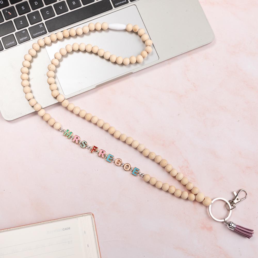 Personalized Teacher Lanyard Beaded Wooden Teacher Lanyard With Name Beaded Wooden Beads Custom Teacher’s Aide Gift For Her ID Badge Holder