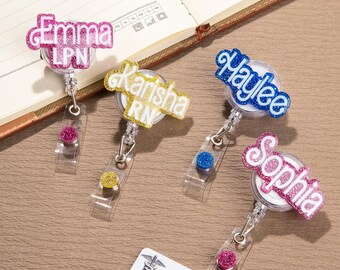 Pink Doll Custom Name Badge Reel Gift for RN Hot Pink Girl Badge Reel Movie Character Badge PEDS Badge Reel