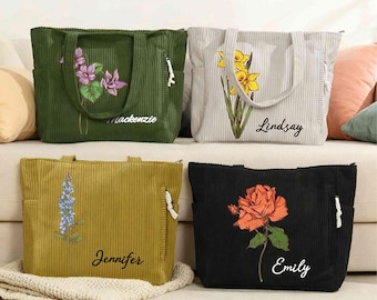 Corduroy draagtas geboortebloem geboortebloem, grote capaciteit woon-werkverkeer handtas met ritssluiting en zijvakken, verjaardagscadeau