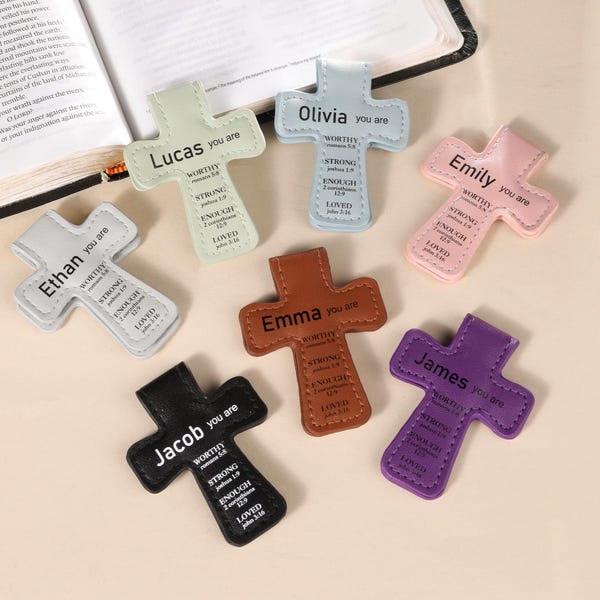 Custom Name Bible Verses Cross Shaped Leather  Magnetic Christian Bookmark Clip Baptism/Confirmation Gift for Book Lover/Family/Friend