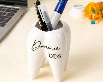 Personalized Ceramic Tooth Pen Holder Planter Dental Hygienist Gift Dentist Assistant Graduation Gift for Her Desk Molar Vase