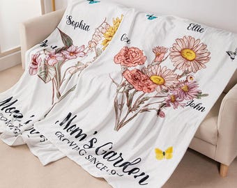 Manta personalizada para el jardín de mamá Manta personalizada para el jardín de la abuela Manta personalizada con flores de nacimiento con los nombres de los nietos Regalo personalizado para la abuela