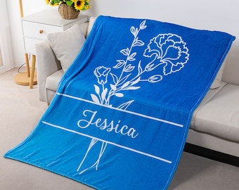 Personalized Multicolor 1-12 Birth Flower and Names Soft Fleece Blanket Mother's Day Birthday Gift for Mom Grandma