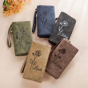 Carteira feminina personalizada com flor de nascimento, carteira de couro gravada, carteira com monograma de flor de nascimento, presente para ela, presente para mãe, presente de aniversário