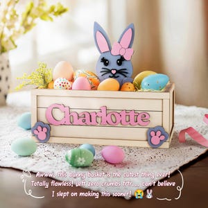 Personalized Cartoon Bunny Easter Egg Storage Box with Name Easter Candy Cookie Box Wooden Party Decor Easter Gift for Kids/Boys/Girls