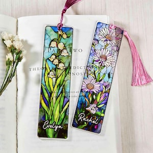 Personalized Birth Flower Bookmark Stained Glass Name Bookmark with Tassel Handmade Gift for Readers Women Girls Book Lover Birthday Present