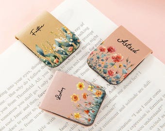 Personalized Watercolor Birth Flower Name Magnetic Leather Bookmark Multiple Colors Gift for Book Lover