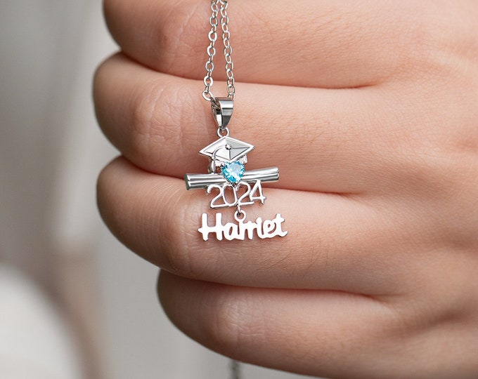 Personalized Name Birthstone Bachelor Cap Necklace, Class of 2024 Graduation Cap&Diploma Heart Pendant Necklace Graduation Gift for Students