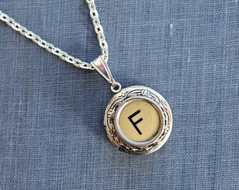 Frolic in Style: Vintage Typewriter Key LOCKET Necklace - 'F' Initial Light-hearted Retro Fun