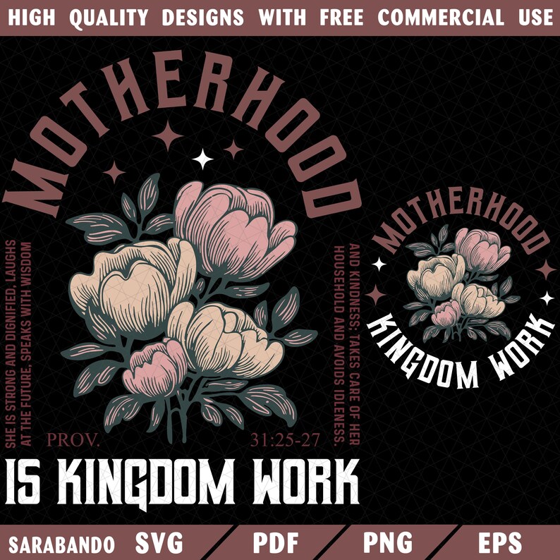 May include: A black graphic design featuring the word "MOTHERHOOD" in a curved, brown font above a floral bouquet. The text "IS KINGDOM WORK" is below the flowers. Additional text includes "HIGH QUALITY DESIGNS WITH FREE COMMERCIAL USE".