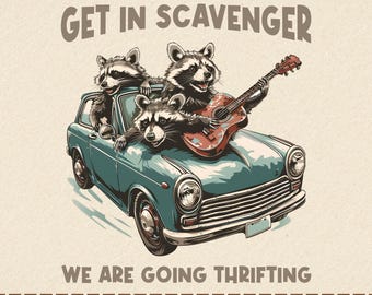Entra en el carroñero. Vamos a comprar artículos de segunda mano. Mapache PNG SVG, diseño divertido de coche de segunda mano con mapache, clipart vintage, camiseta para amantes de las compras de segunda mano.