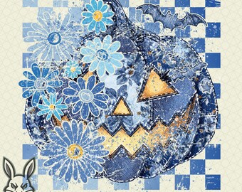 Retro Halloween Blue Denim PNG, Spooky Jack o'lantern Design, Coquette Fall Pumpkin PNG, Girly Fall PNG, Trendy Patchwork Spooky Ghost Png