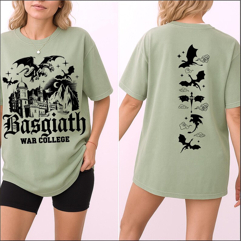 May include: Sage green t-shirt featuring a black graphic of a castle, dragons, and the text "Basgiath War College" on the front. The back of the shirt displays a series of dragon silhouettes. A casual, fantasy-themed garment.