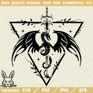 Épée de dragon PNG SVG, conception de tatouage gothique, téléchargement numérique des cliparts fantastique, Style de tatouage de Dragon noir, art bête mythique, dragon guerrier