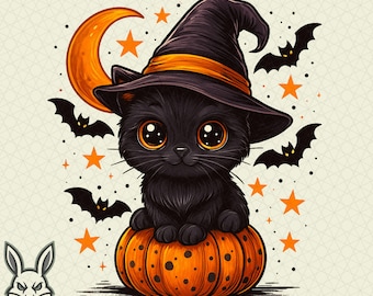 Svart katt Halloween PNG, Retro häxdesign, Spöklika vibbar PNG, Rolig Halloween PNG, Rolig svart katt PNG, Kattälskare-present