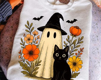 Halloween Ghost & Cat PNG, Spooky Floral Design, Halloween Cute Gift, Black Cat Png, Fall Pumpkin Png, Pumpkin Season Png