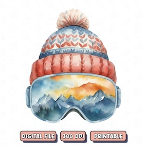 Ski Hat Goggles Watercolor PNG, Cute Skiing Design, Pink Hat Goggles, Alaska Winter Scene PNG, Winter Snow Sports Design, Instant Download