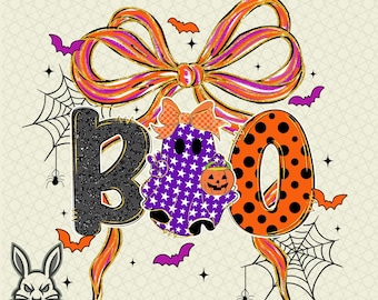 Spöklikt Boo-spöke PNG, Boo-spökedesign, preppy glitter Halloween-tröja PNG, sött spöke PNG, spetsspöke med rosett och höst PNG