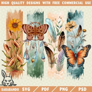 Boho Wildflowers PNG SVG, Butterfly Floral Shirt Png, Bruskstroke Png, Boho Feathers Flowers PNG, Dreamcatcher Sublimation Png