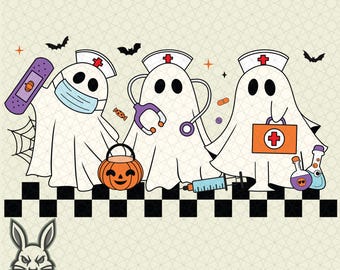 PNG di Halloween con infermiera preppy, design di Halloween Boo Boo Crew, PNG di infermiera spettrale, PNG di infermiera fantasma, PNG di infermiera autunnale, PNG di fantasma leopardo rosa