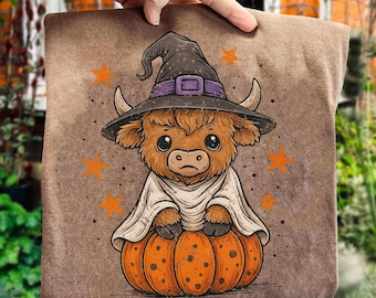 Moo I Mean Boo PNG, Witch Highland Cow on Pumpkin, Funny Halloween Cow PNG, Highland Cow Sweatshirt, Vintage Halloween Shirt Design