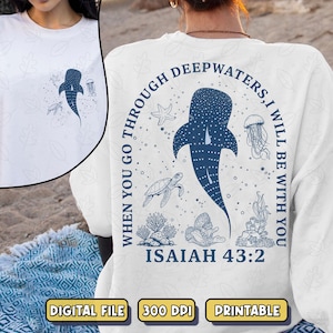Isaías 43:2 PNG SVG, Quando você atravessar águas profundas, Tubarão-baleia Sublimado, Design de camiseta com versículo bíblico sobre o oceano, Download digital cristão