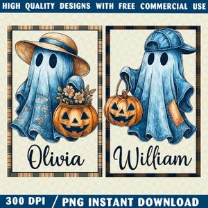 May include: Two digital art prints showing cartoon ghosts in blue denim-style sheets. One ghost wears a straw hat and carries a jack-o'-lantern with flowers, labelled "Olivia." The other wears a baseball cap and holds a pumpkin, labelled "William."