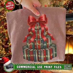 Christmas Book Tree PNG SVG | Book Stack Sublimation Design | Reader Holiday Gift File | Bow and Lights Book Lover Digital Art, Book Lover