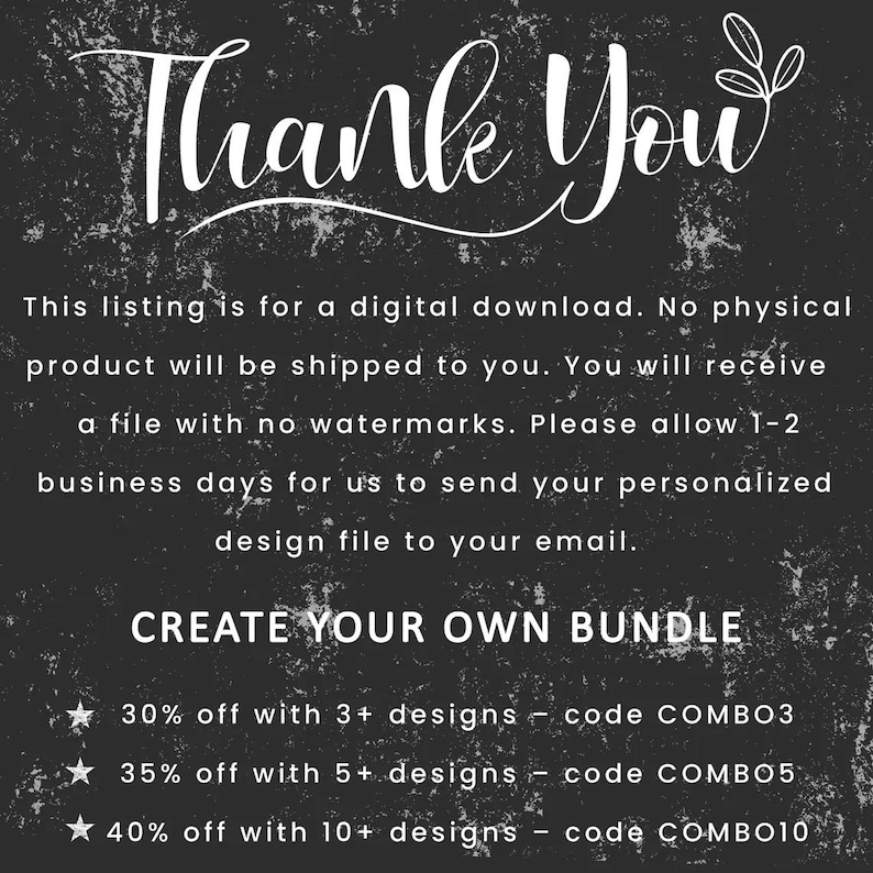 May include: A digital download graphic with the words "Thank You" in white script. The text is on a dark, textured background. Additional text promotes a bundle offer with discounts for multiple designs.