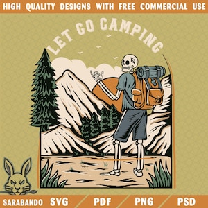 Let’s Go Camping PNG SVG, Lets Go Camping Skeleton PNG, Funny Hiking Skeleton Design, Retro Tent Forest Png, Spooky Camping Clipart Png