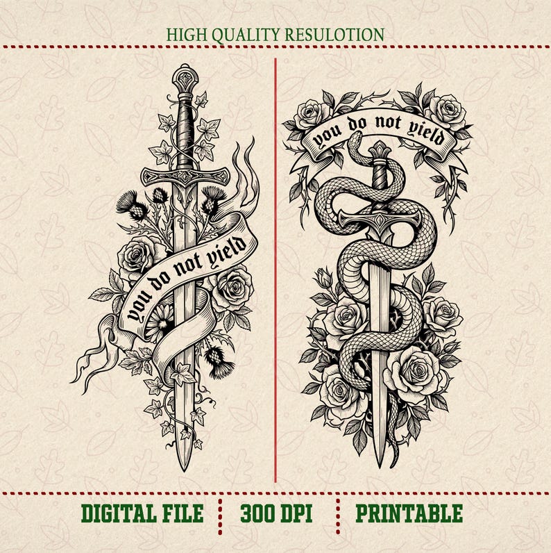 May include: Black and white digital illustration featuring two sword designs. One sword is surrounded by roses, thistles, and a banner that reads "you do not yield." The other design features a sword entwined by a snake, roses, and a banner that reads "you do not yield."
