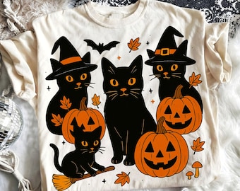 Black Cats & Pumpkins PNG, Retro Halloween Design, Black Cat Pumpkin PNG, Ghots Cat PNG, Halloween Cat Mama Shirt