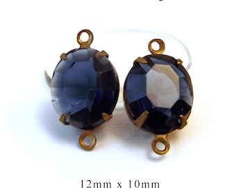 Sheer navy blue or montana sapphire vintage glass beads, 12x10mm oval rhinestone pendants, glass connectors, or earrings