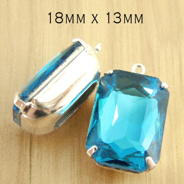 Aqua blau Glasperlen, Achtecke in Silber vergoldet Einstellungen, Strass-Steine, 18 mm x 13 mm, Steine setzen, Hochzeit Schmuck, Glas Edelsteine, 1 Paar