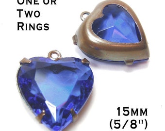 Sheer sapphire blue vintage glass heart pendants, glass connectors or earring jewels are 15x14mm, 2 pc