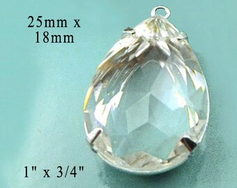 CLEARANCE SALE - Crystal clear glass pendant - clear 25x18mm rhinestone pear or teardrop pendant