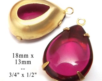 Fuschia pink vintage glass pears, sheer fuschia pink, 18x13mm rhinestone teardrops for pendants and earrings, 2 pc