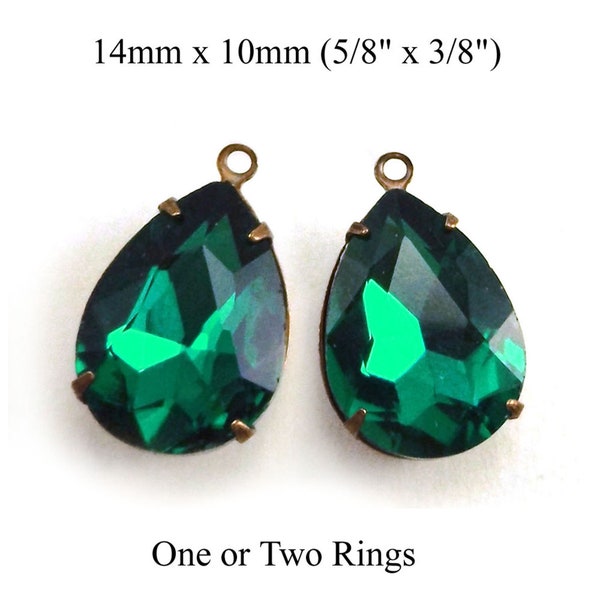 Emerald green glass pears, 14x10mm rhinestone teardrops for pendants, glass connectors, and earrings, 2 pc