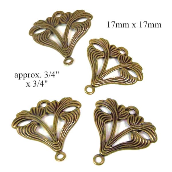 Patina brass filigree charms, 17x17mm brass filigree connectors, TWO Pairs or Four Charms per set, lead, nickel and cadmium free