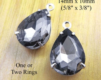 Black diamond 14x10mm pear or teardrop glass gems, gray rhinestone pendants, glass connectors or earrings, 2 pc