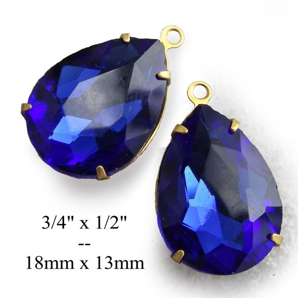 Sapphire blue glass gems - 18x13mm rhinestone pears or teardrops for pendants and earrings, 2 pc