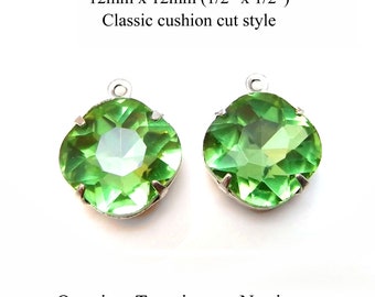 Peridot green 12x12mm cushion cut glass octagons for pendants, glass connectors or earring beads, 2 pc